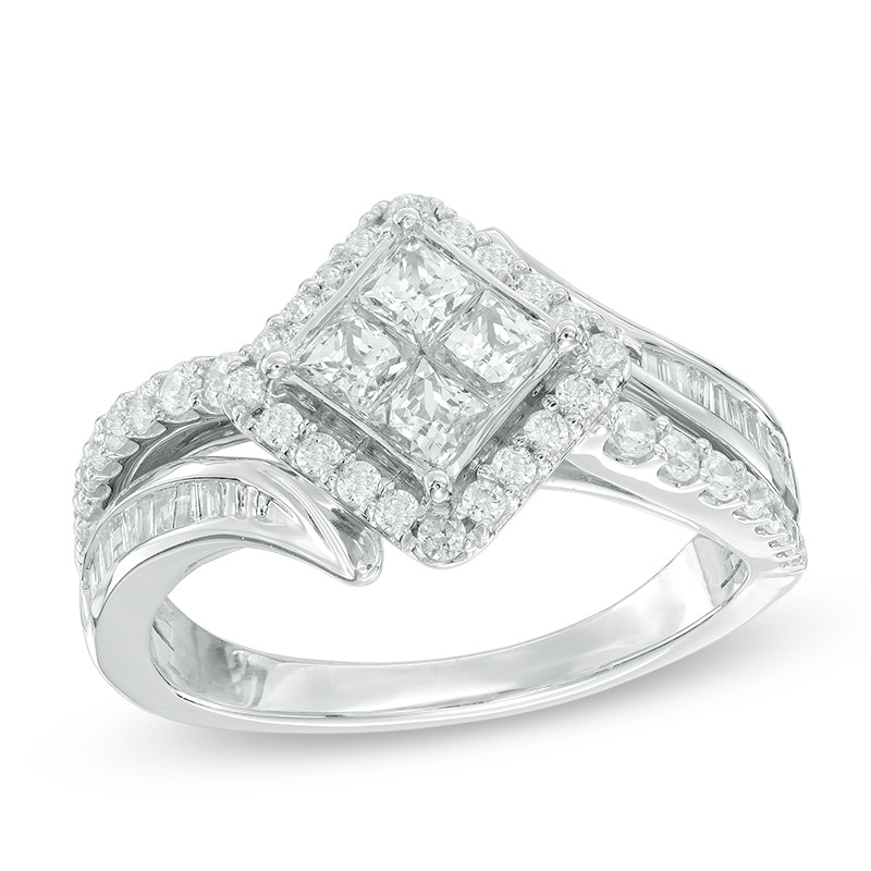 Main Image 1 of Previously Owned - 1 CT. T.W. Quad Princess-Cut Diamond Bypass Engagement Ring in 10K White Gold