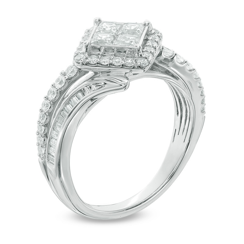 Main Image 2 of Previously Owned - 1 CT. T.W. Quad Princess-Cut Diamond Bypass Engagement Ring in 10K White Gold
