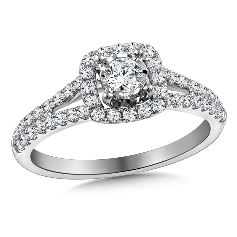 Previously Owned - 5/8 CT. T.W. Diamond Cushion Frame Split Shank Engagement Ring in 10K White Gold