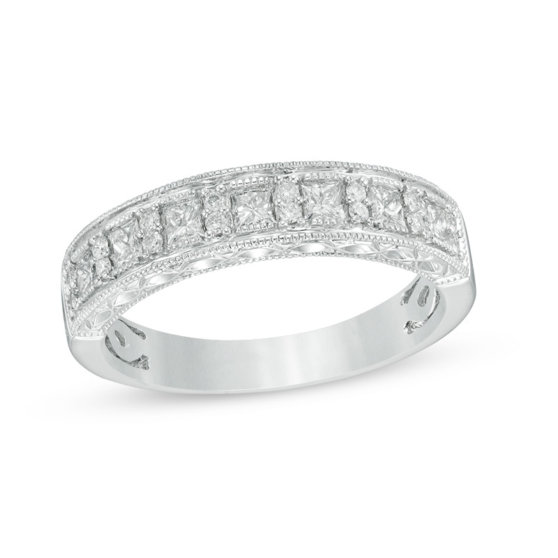 Previously Owned - 1/2 CT. T.W. Princess-Cut and Round Diamond Alternating Wedding Band in 14K White Gold