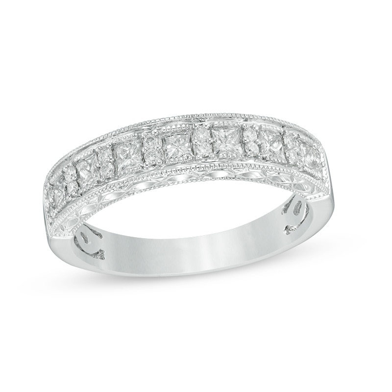 Main Image 1 of Previously Owned - 1/2 CT. T.W. Princess-Cut and Round Diamond Alternating Wedding Band in 14K White Gold