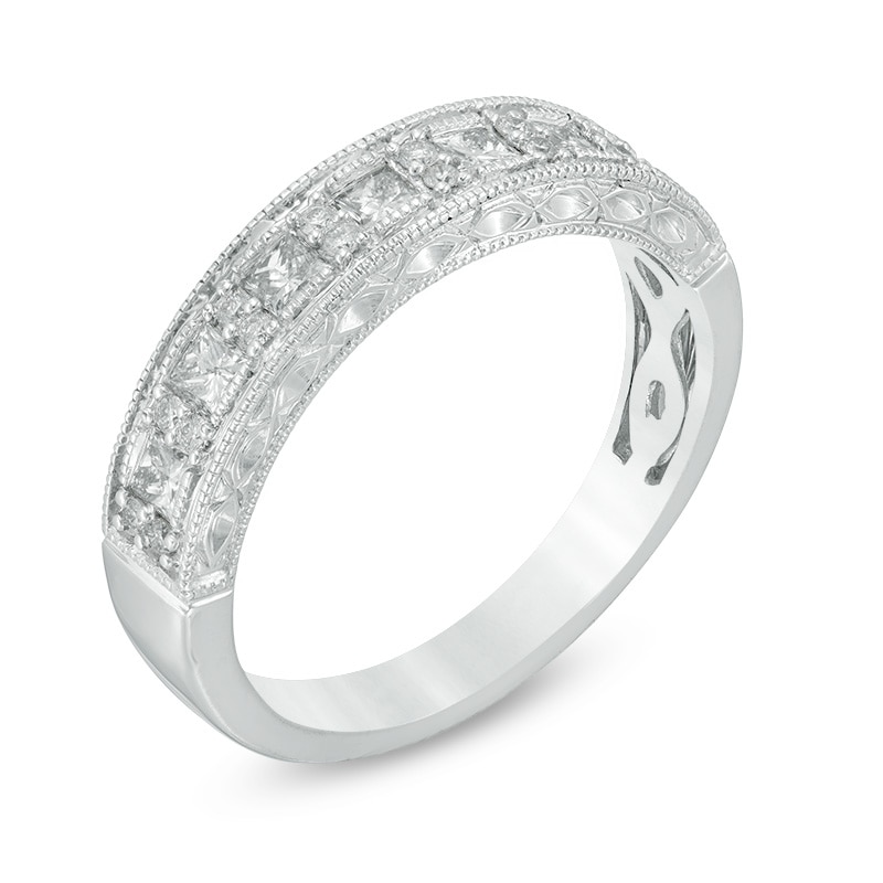 Main Image 2 of Previously Owned - 1/2 CT. T.W. Princess-Cut and Round Diamond Alternating Wedding Band in 14K White Gold