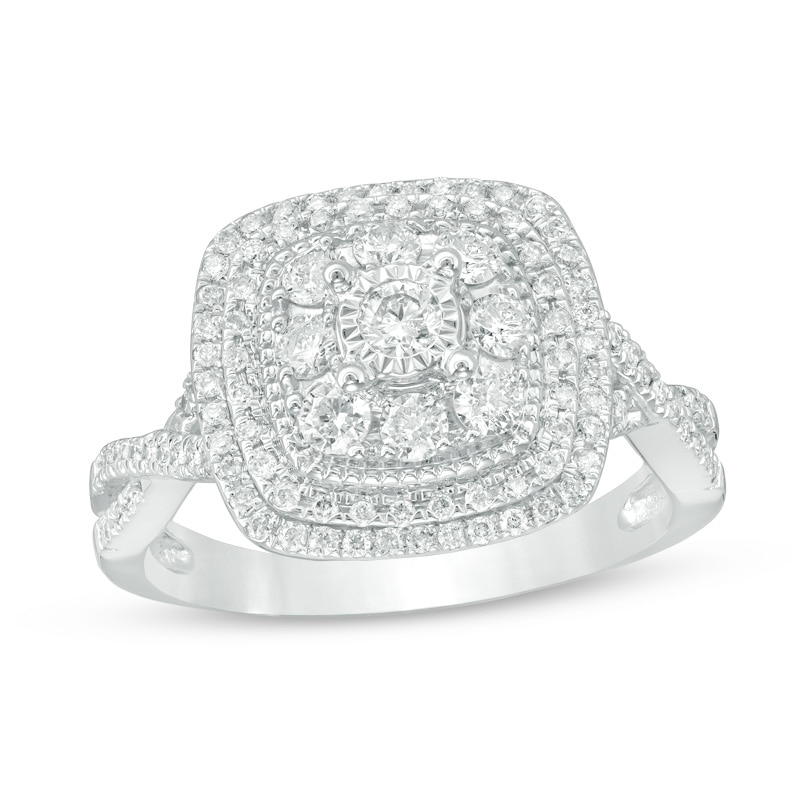 Previously Owned - 3/4 CT. T.W. Composite Diamond Frame Twist Vintage-Style Engagement Ring in 14K White Gold
