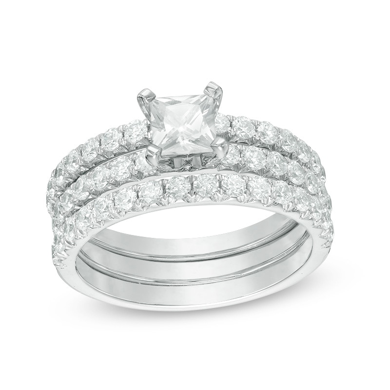 Main Image 1 of Previously Owned - Celebration Ideal 1-5/8 CT. T.W. Princess-Cut Diamond Three-Piece Bridal Set in 14K White Gold