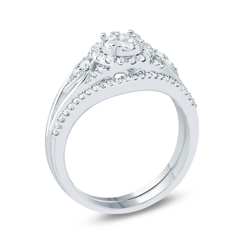 Previously Owned - 1/2 CT. T.W. Composite Diamond Flower Frame Petal-Sides Bridal Set in 10K White Gold