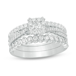 Previously Owned - 1 CT. T.W. Diamond Cushion Frame Three Piece Bridal Set in 14K White Gold