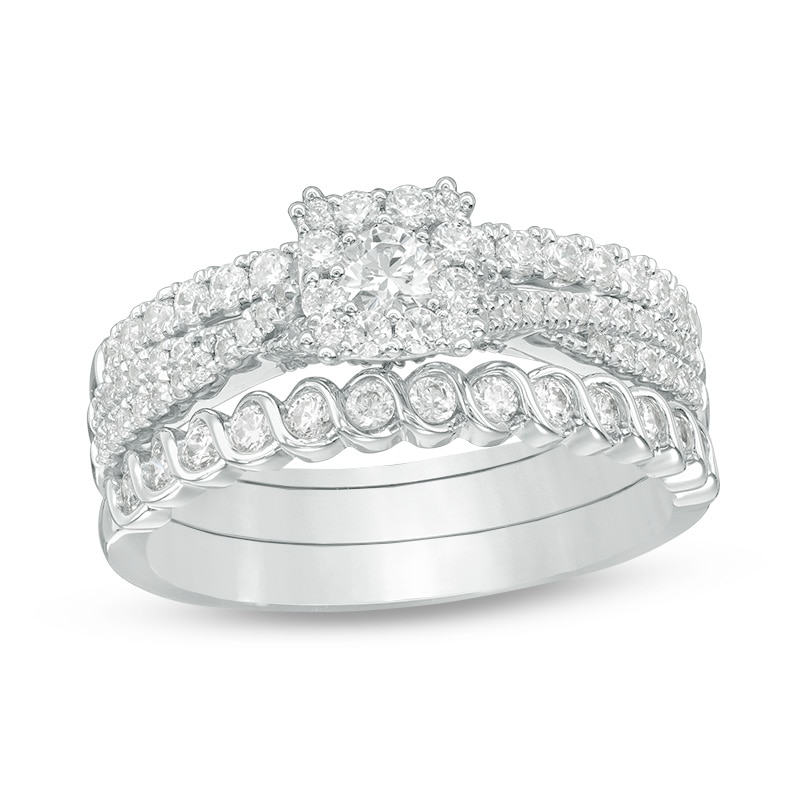 Previously Owned - 1 CT. T.W. Diamond Cushion Frame Three Piece Bridal Set in 14K White Gold
