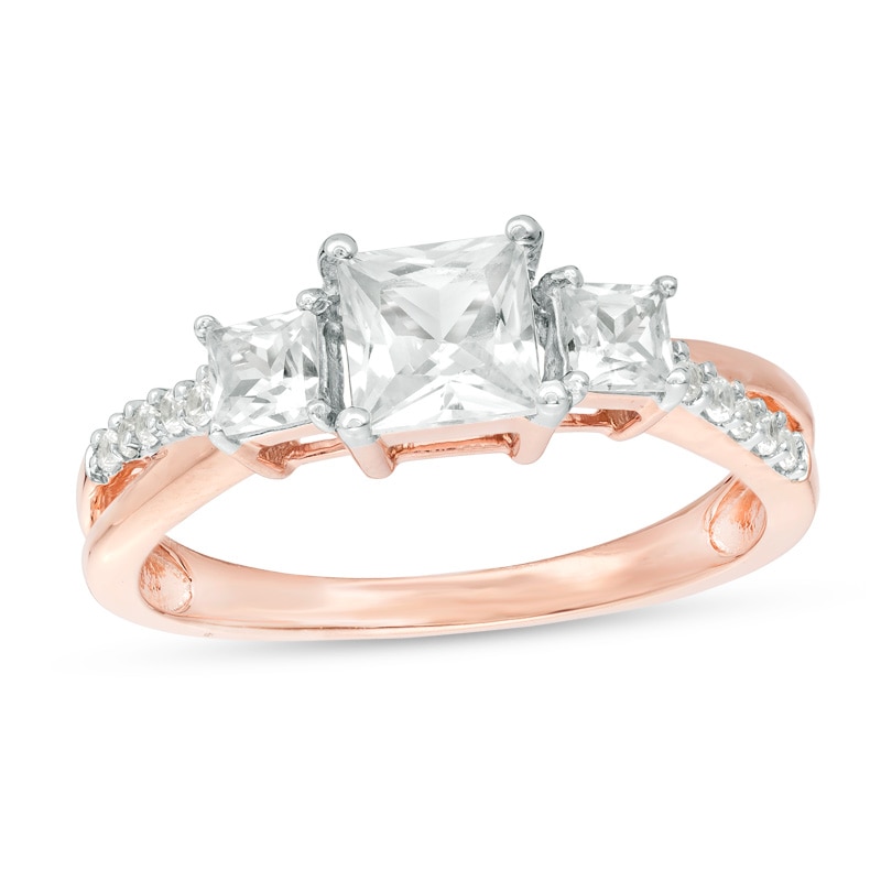 Main Image 1 of Previously Owned - Princess-Cut Lab-Created White Sapphire Three Stone Engagement Ring in 10K Rose Gold