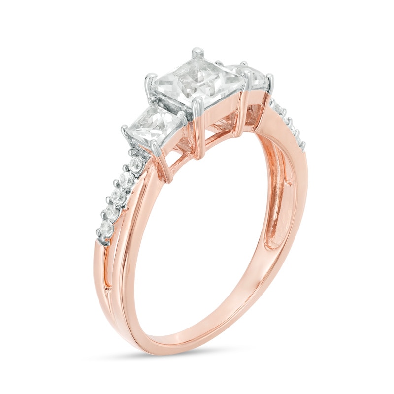 Main Image 2 of Previously Owned - Princess-Cut Lab-Created White Sapphire Three Stone Engagement Ring in 10K Rose Gold