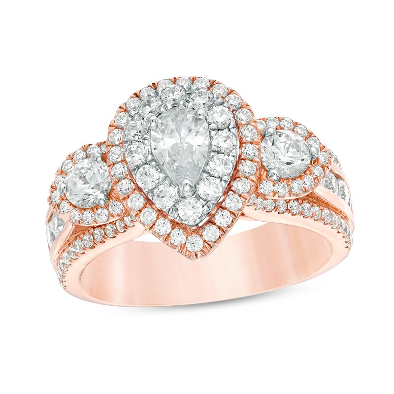 Main Image 1 of Previously Owned - 2 CT. T.W. Pear-Shaped Diamond Past Present Future® Double Frame Engagement Ring in 14K Rose Gold