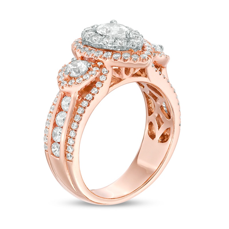 Main Image 2 of Previously Owned - 2 CT. T.W. Pear-Shaped Diamond Past Present Future® Double Frame Engagement Ring in 14K Rose Gold