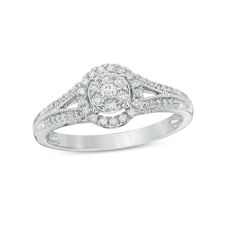 Main Image 1 of Previously Owned - 1/4 CT. T.W. Composite Diamond Frame Vintage-Style Engagement Ring in 10K White Gold