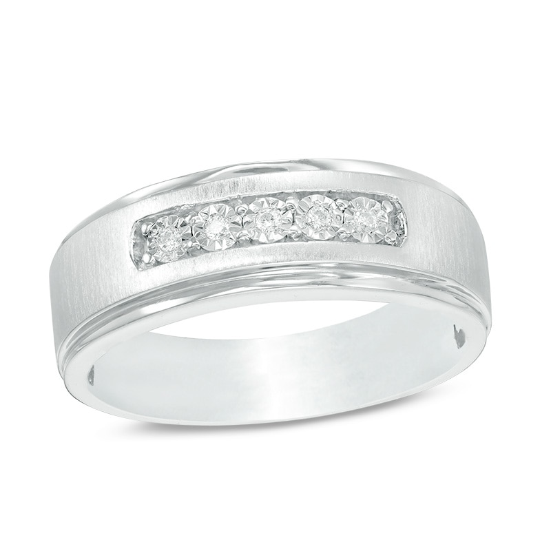 Previously Owned - Men's 1/20 CT. T.W. Diamond Five Stone Satin Wedding Band in 10K White Gold