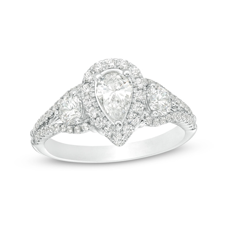 Main Image 1 of Previously Owned - 1-1/5 CT. T.W. Pear-Shaped Diamond Past Present Future® Frame Engagement Ring in 14K White Gold