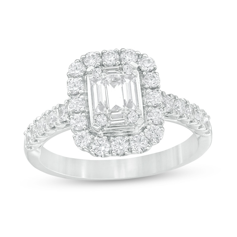 Main Image 1 of Previously Owned - 1 CT. T.W. Baguette and Round Composite Diamond Cushion Frame Engagement Ring in 14K White Gold