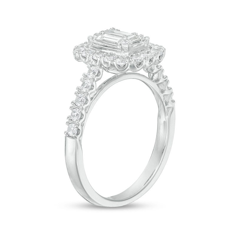 Main Image 2 of Previously Owned - 1 CT. T.W. Baguette and Round Composite Diamond Cushion Frame Engagement Ring in 14K White Gold