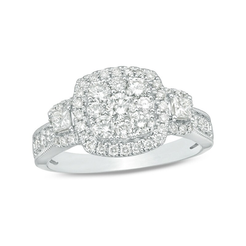 Main Image 1 of Previously Owned - 1 CT. T.W. Composite Diamond Cushion Frame Three Stone Engagement Ring in 14K White Gold