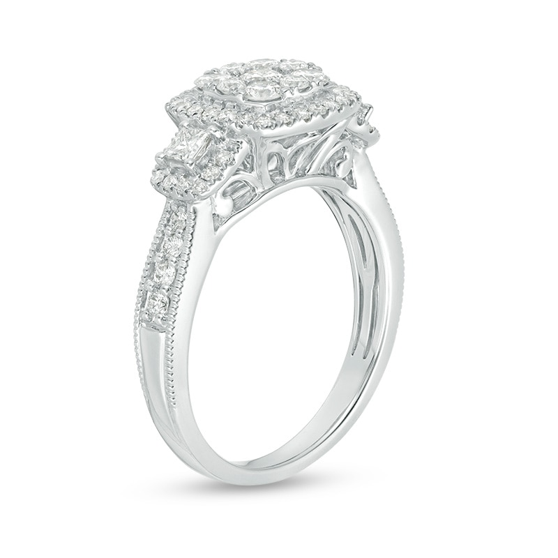 Main Image 2 of Previously Owned - 1 CT. T.W. Composite Diamond Cushion Frame Three Stone Engagement Ring in 14K White Gold