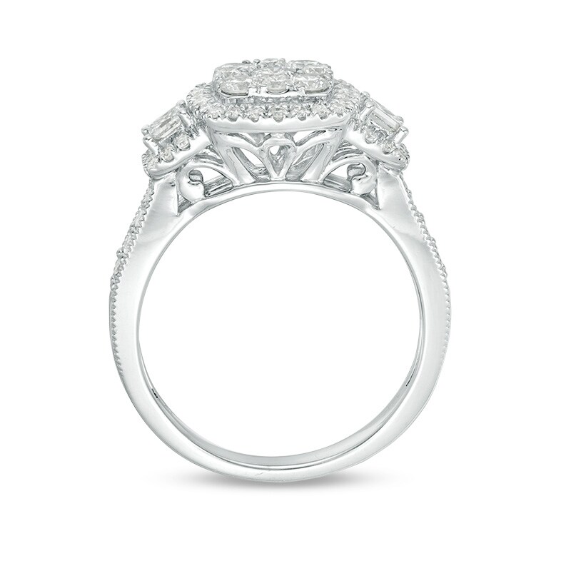 Main Image 3 of Previously Owned - 1 CT. T.W. Composite Diamond Cushion Frame Three Stone Engagement Ring in 14K White Gold