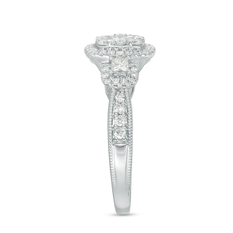 Main Image 4 of Previously Owned - 1 CT. T.W. Composite Diamond Cushion Frame Three Stone Engagement Ring in 14K White Gold