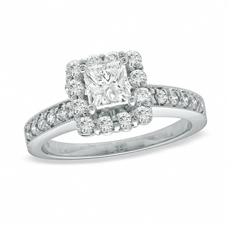 Main Image 1 of Previously Owned - 5/8 CT. T.W. Princess-Cut Diamond Frame Vintage-Style Engagement Ring in 14K White Gold
