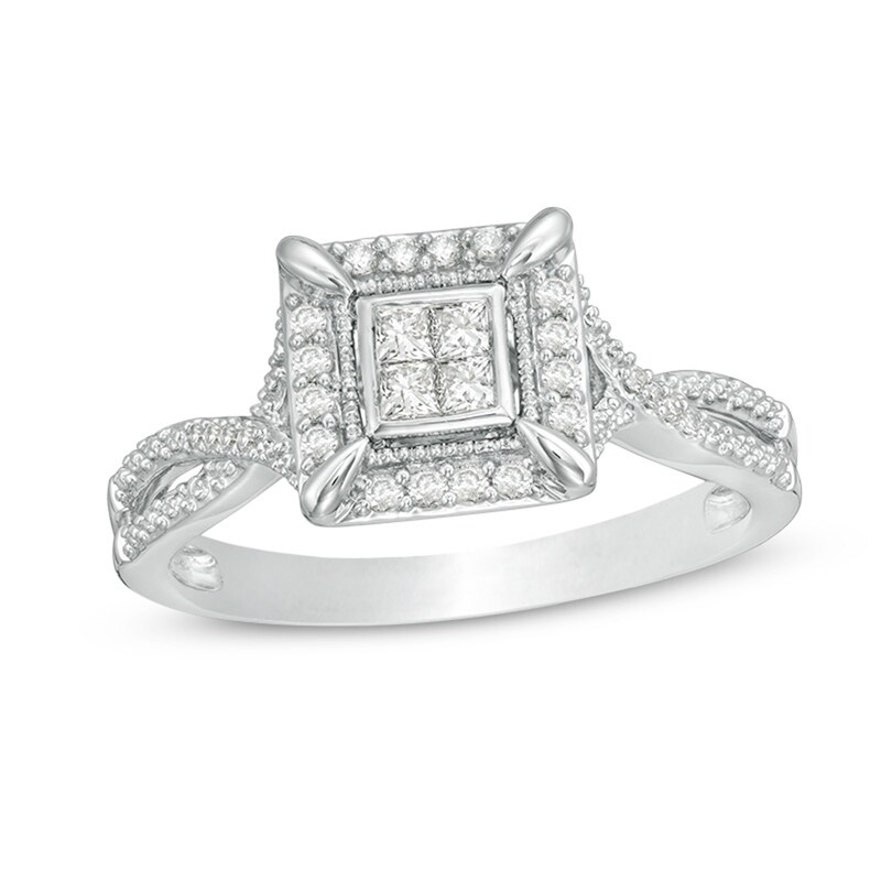Main Image 1 of Previously Owned - 1/4 CT. T.W. Quad Princess-Cut Diamond Frame Vintage-Style Engagement Ring in 10K White Gold