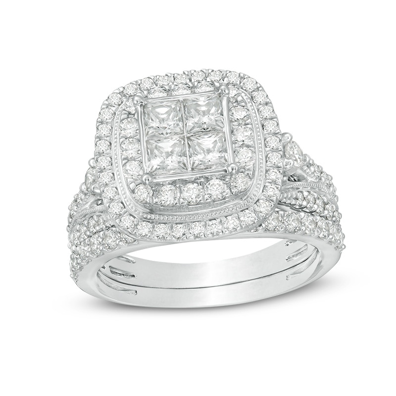 Main Image 1 of Previously Owned - 2 CT. T.W. Quad Princess-Cut Diamond Double Frame Vintage-Style Bridal Set in 14K White Gold