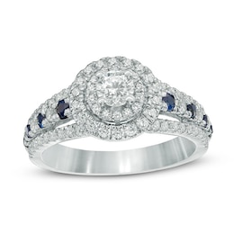 Previously Owned - Vera Wang Love Collection 7/8 CT. T.W. Diamond and Blue Sapphire Double Frame Engagement Ring