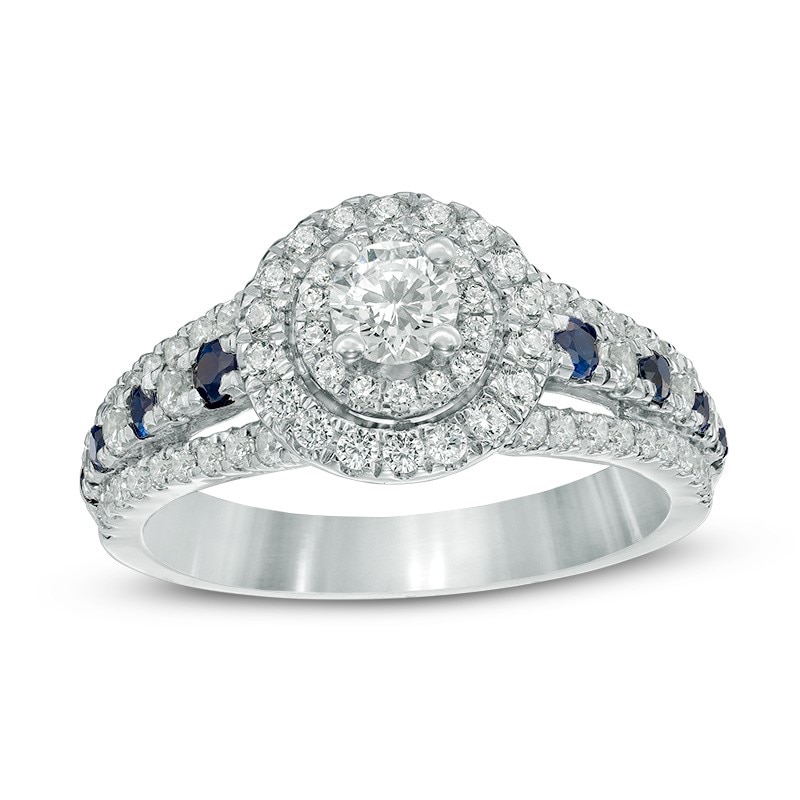 Main Image 1 of Previously Owned - Vera Wang Love Collection 7/8 CT. T.W. Diamond and Blue Sapphire Double Frame Engagement Ring