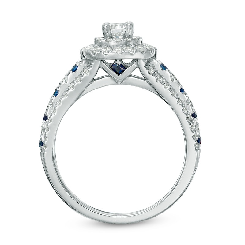 Main Image 3 of Previously Owned - Vera Wang Love Collection 7/8 CT. T.W. Diamond and Blue Sapphire Double Frame Engagement Ring