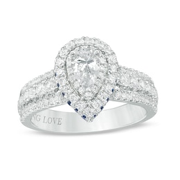 Previously Owned - Vera Wang Love Collection 1 CT. T.W. Diamond and Sapphire Frame Engagement Ring in 14K White Gold