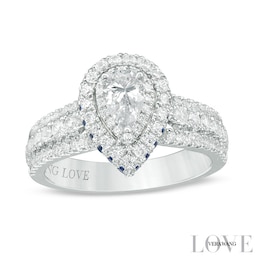 Previously Owned - Vera Wang Love Collection 1 CT. T.W. Diamond and Sapphire Frame Engagement Ring in 14K White Gold