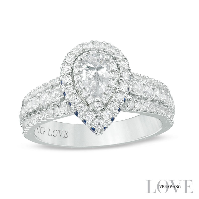 Main Image 1 of Previously Owned - Vera Wang Love Collection 1 CT. T.W. Diamond and Sapphire Frame Engagement Ring in 14K White Gold