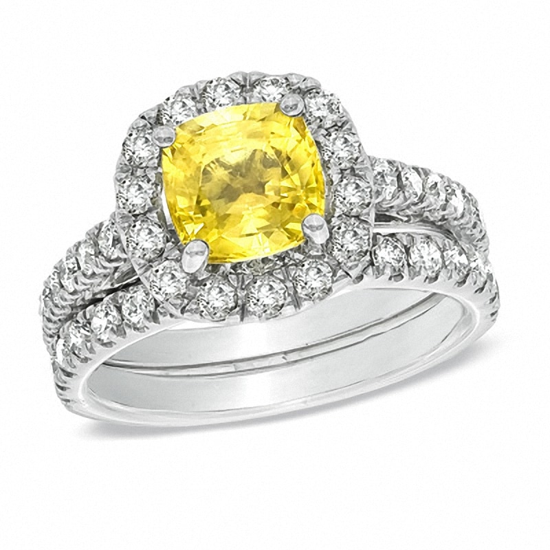Main Image 1 of Previously Owned - Cushion-Cut Yellow Sapphire and 1-1/2 CT. T.W. Diamond Bridal Set in 14K White Gold