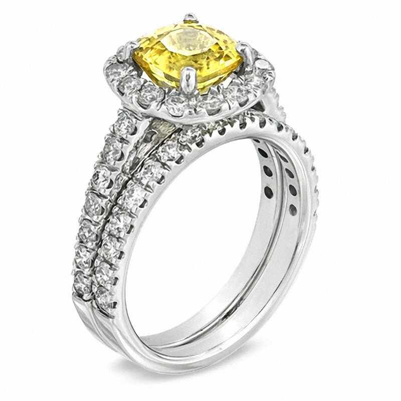 Main Image 2 of Previously Owned - Cushion-Cut Yellow Sapphire and 1-1/2 CT. T.W. Diamond Bridal Set in 14K White Gold