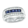 Thumbnail Image 1 of Previously Owned - Blue Sapphire and 1/4 CT. T.W. Diamond Multi-Row Ring in 10K White Gold