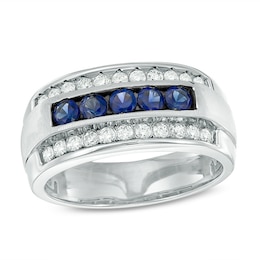 Previously Owned - Men's Blue Sapphire and 1/4 CT. T.W. Diamond Multi-Row Ring in 10K White Gold