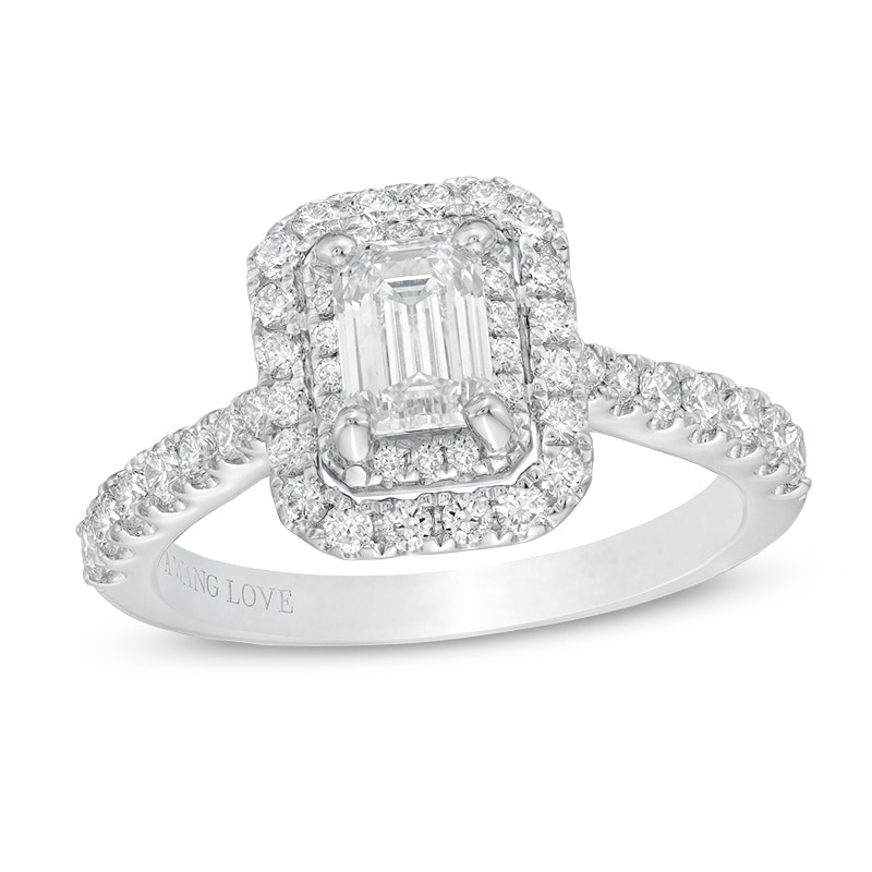 Main Image 1 of Previously Owned - Vera Wang Love Collection 1-1/3 CT. T.W. Emerald-Cut Diamond Engagement Ring in 14K White Gold