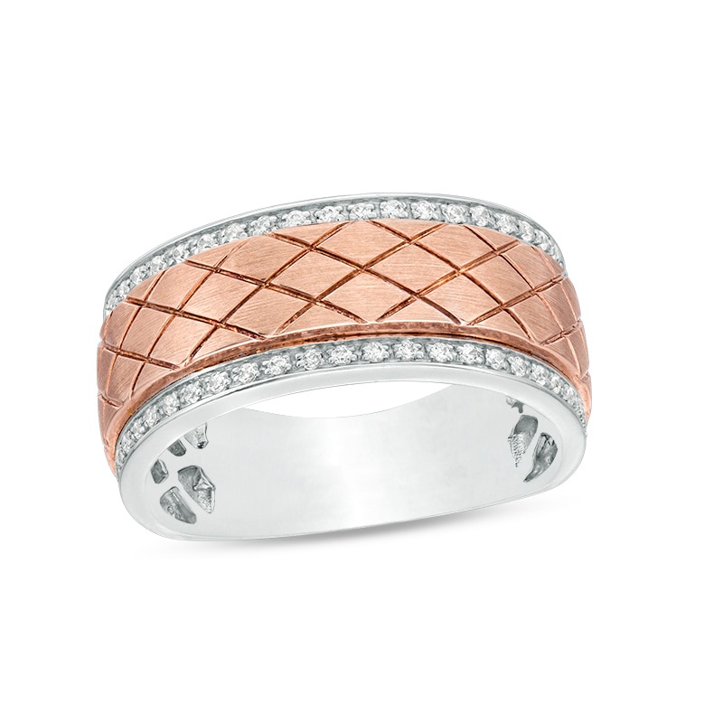 Main Image 1 of Previously Owned - 1/4 CT. T.W. Diamond Diagonal Grid Pattern Wedding Band in 10K Two-Tone Gold