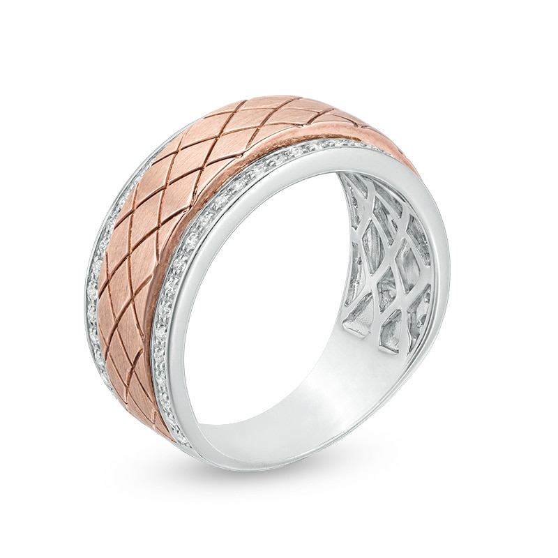 Main Image 2 of Previously Owned - 1/4 CT. T.W. Diamond Diagonal Grid Pattern Wedding Band in 10K Two-Tone Gold