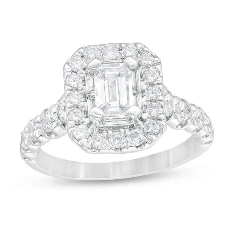 Main Image 1 of Previously Owned - Celebration Ideal 2 CT. T.W. Emerald-Cut and Round Diamond Engagement Ring in 14K White Gold