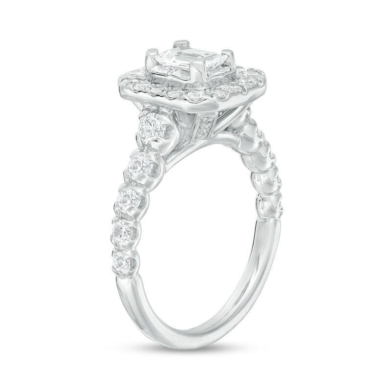 Main Image 2 of Previously Owned - Celebration Ideal 2 CT. T.W. Emerald-Cut and Round Diamond Engagement Ring in 14K White Gold
