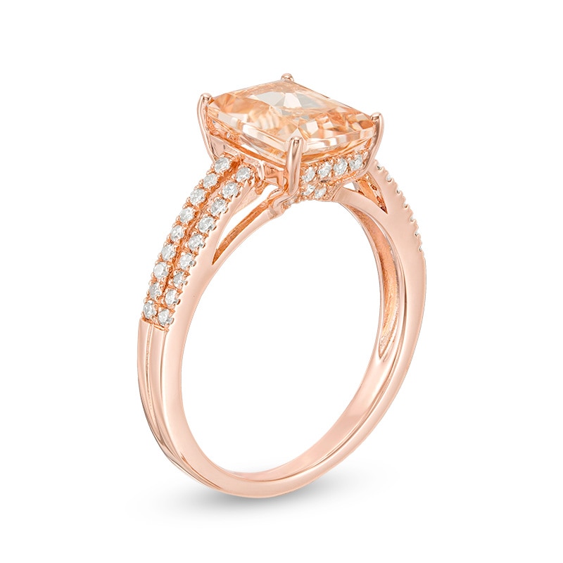 Main Image 2 of Previously Owned - Emerald-Cut Morganite and 1/4 CT. T.W. Diamond Double Row Ring in 14K Rose Gold