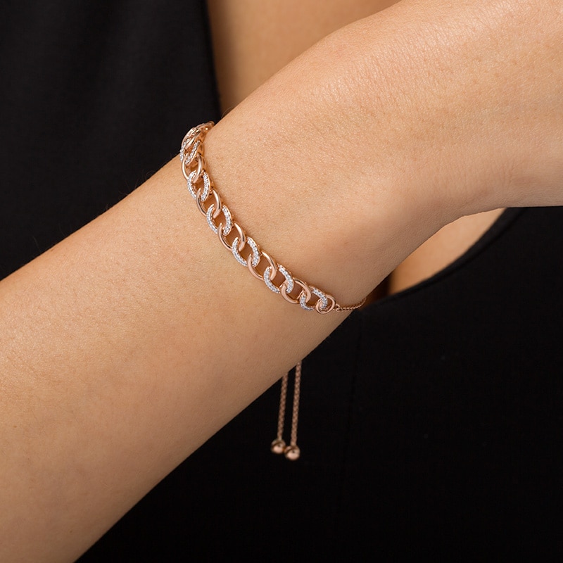Main Image 2 of Previously Owned - 1/4 CT. T.W. Diamond Interlocking Curb Link Bolo Bracelet in 10K Rose Gold - 9.5"