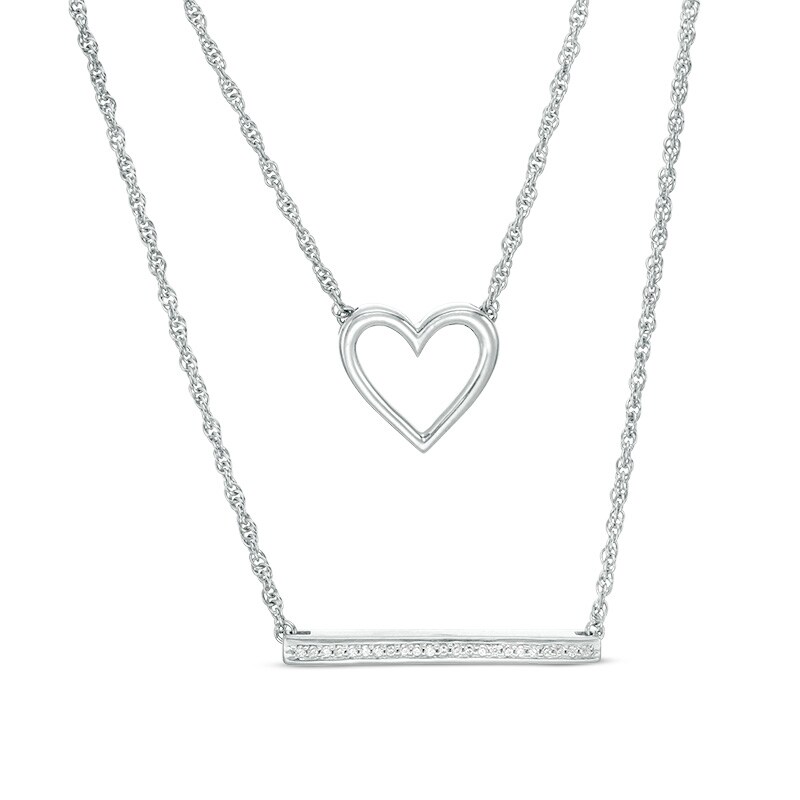Main Image 1 of Previously Owned - 1/15 CT. T.W. Diamond Heart Outline and Bar Double Strand Necklace in Sterling Silver - 20"