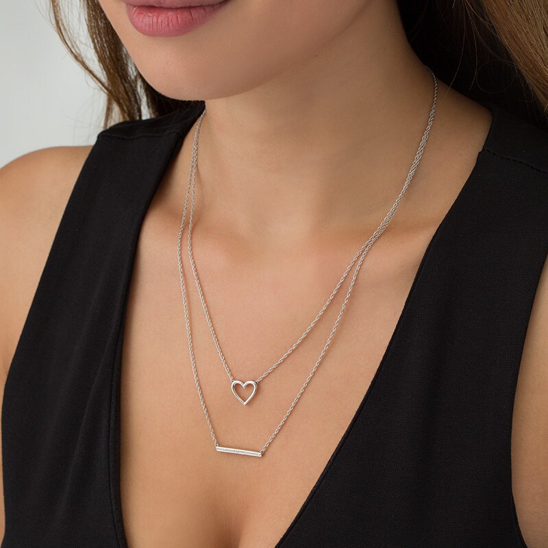 Main Image 2 of Previously Owned - 1/15 CT. T.W. Diamond Heart Outline and Bar Double Strand Necklace in Sterling Silver - 20"