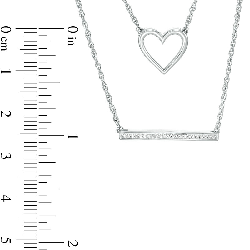 Main Image 3 of Previously Owned - 1/15 CT. T.W. Diamond Heart Outline and Bar Double Strand Necklace in Sterling Silver - 20"