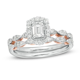 Previously Owned - Celebration Ideal 3/4 CT. T.W. Emerald-Cut Diamond Frame Bridal Set in 14K Two-Tone Gold