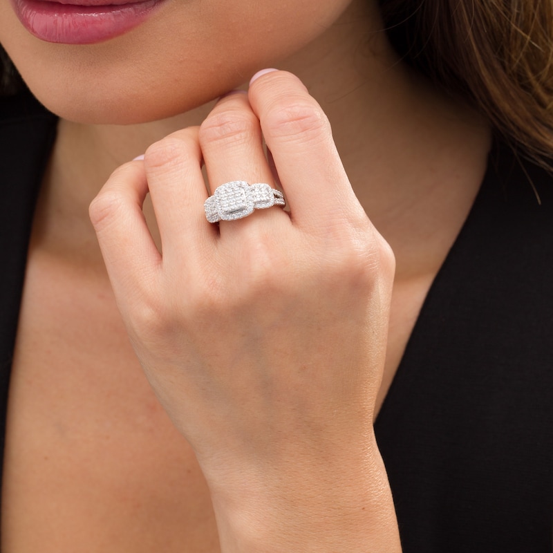 Main Image 2 of Previously Owned - 1-1/3 CT. T.W. Composite Diamond Cushion Frame Three Stone Ring in 10K White Gold