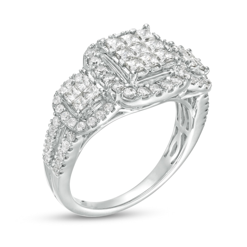 Main Image 3 of Previously Owned - 1-1/3 CT. T.W. Composite Diamond Cushion Frame Three Stone Ring in 10K White Gold